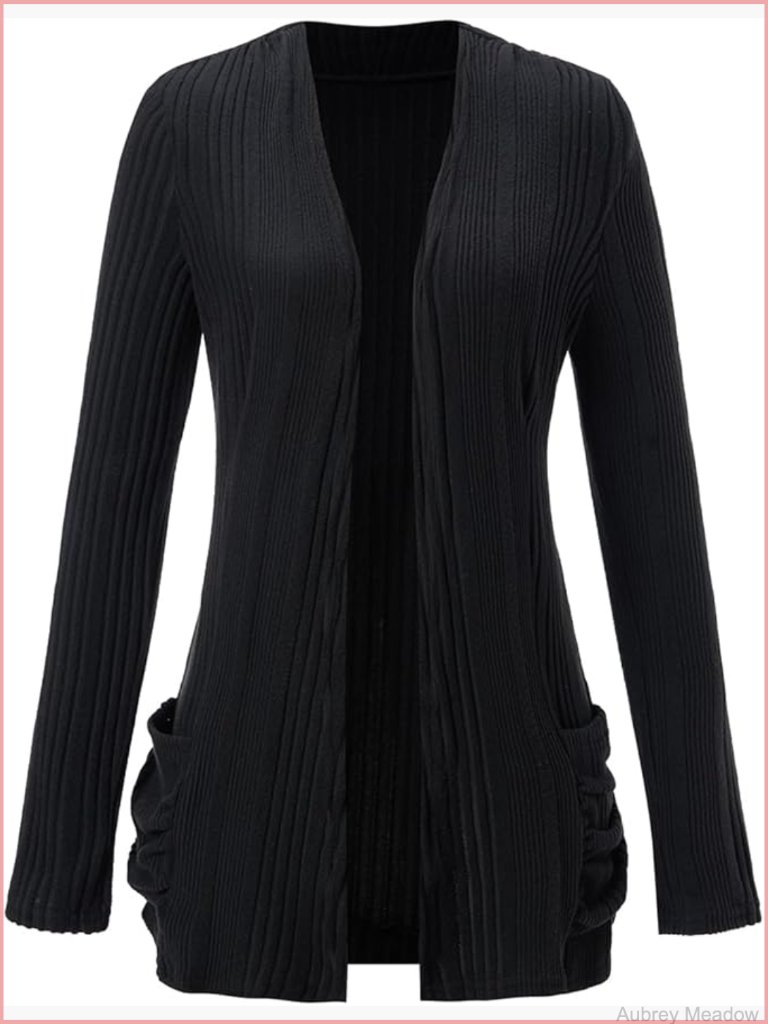 Open Front Ribbed Knit Cardigan Long Sleeve With Pockets